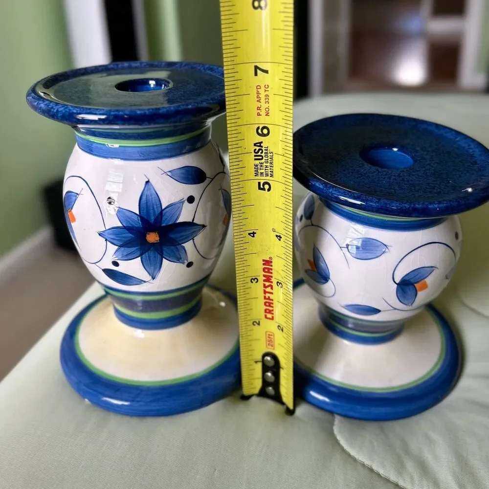 VTG Pfaltzgraff Floral Dainty Ceramic Blue + Orange Candlestick Holder Set of 2